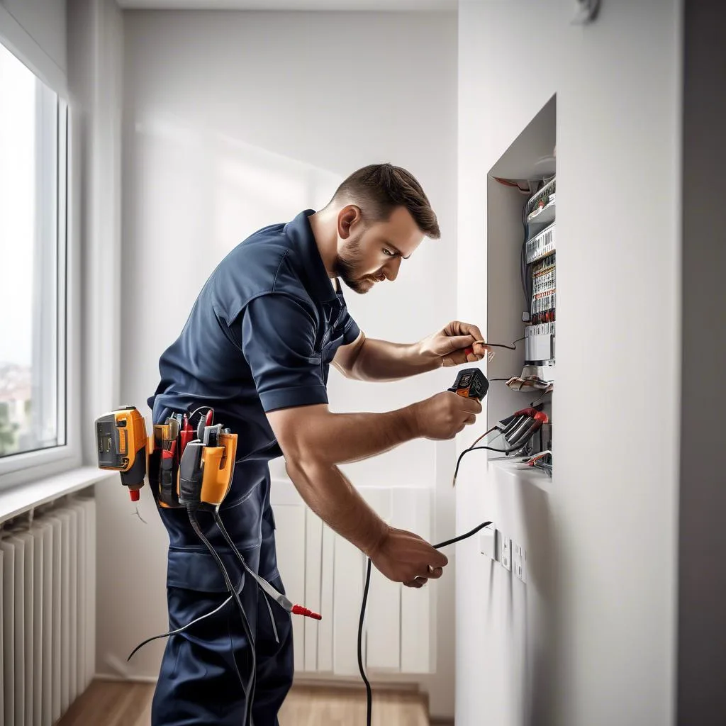 Монтаж на контакт: Бързо и професионално Electrician performing монтаж на контакт in a Sofia apartment